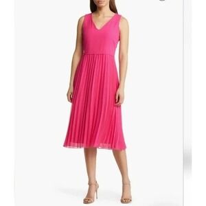 Sam Edelman Size 2  XS NEW w tags Accordion Pleated Midi Dress Pink V-Neck $108